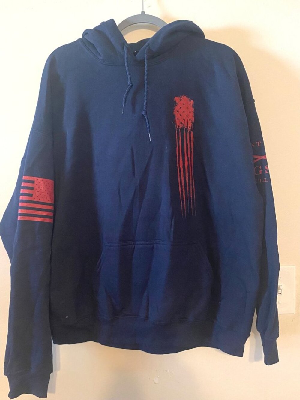 Men's‎ Navy Blue Orange Grunt Style American Flag Hoodie Pullover Size XL